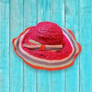 Filippo Catarzi Hot Pink Striped Rim Bow Basket Woven Beach Sun Hat